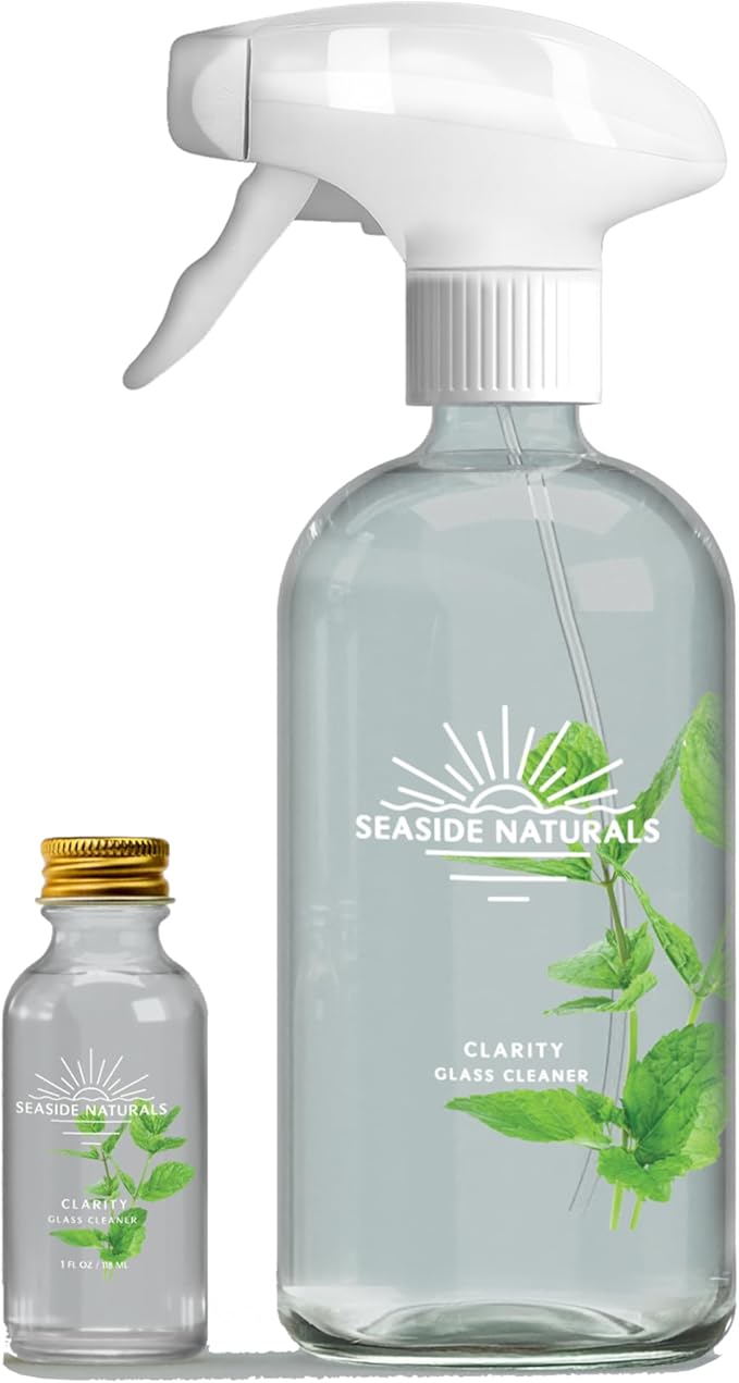 Clarity Kit – Non-Toxic Glass & Mirror Cleaner with Refillable Glass Spray Bottle – Plant-Based, Essential-Oil Powered, Streak-Free Formula Safe for Kids, Pets. 1oz - makes 1 bottle
