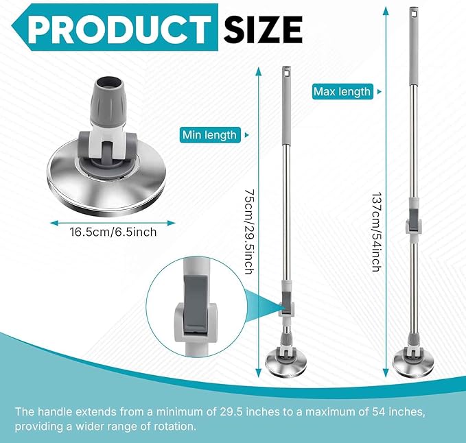 Spin Mop Replacement Handle 360° Rotation Adjustment 53.5-inch Telescopic Mop Replacement Pole Durable Stainless Steel Pad for Cleaning Various Household Surfaces