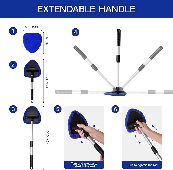 10pcs Windshield Cleaner Tool, Car Window Cleaning Wash Kit with 4 Reusable Microfiber Pads 1 Spray Bottle and Extendable Handle Auto Glass Wiper Kit, Blue