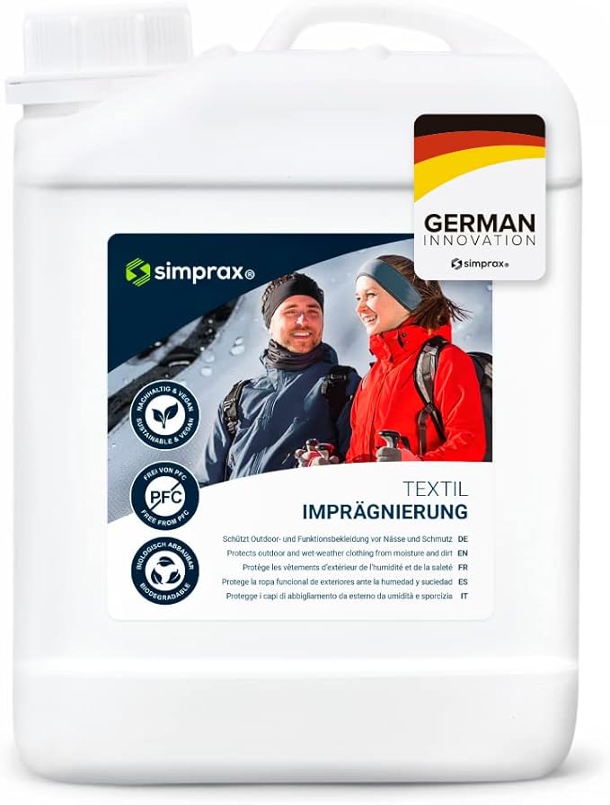 simprax® Textile Waterproof Spray Eco-Friendly & Skin-Safe | Water-Based Waterproofing Spray for Gore-Tex, Sympatex & Softshell | Biodegradable Waterproofing Spray for Fabric Outdoor | Made in Germany