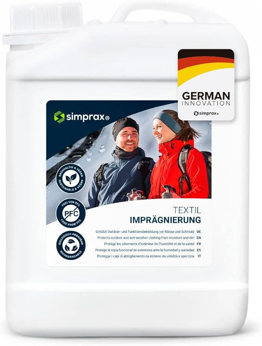 simprax® Textile Waterproof Spray Eco-Friendly & Skin-Safe | Water-Based Waterproofing Spray for Gore-Tex, Sympatex & Softshell | Biodegradable Waterproofing Spray for Fabric Outdoor | Made in Germany