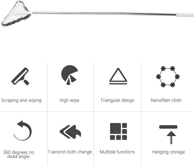 Multi Functional Window Cleaner, Detachable Rod Glass Wiper, 360 Degree Rotatable Floor Ceiling Wall Cleaner with Ergonomic Handle, Includes 3 Stainless Steel Tubes and 2