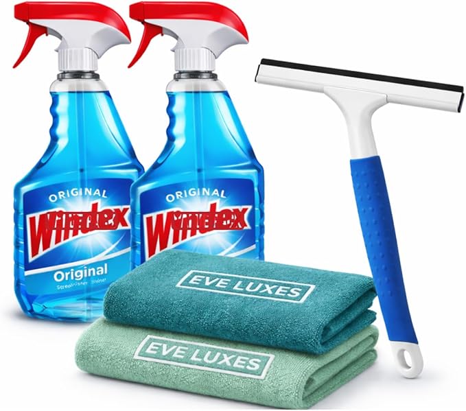 Complete Window Cleaning Kit – 2 Glass Cleaners + 2 Premium Microfiber Towels + Professional Squeegee – Streak-Free Shine – Colors May Vary
