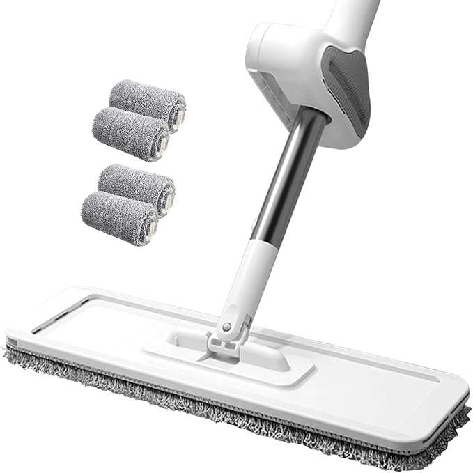 Flat Mop with Self Wringer Fast-drying Microfiber Floor Mop 360° Rotating Spin Mop with 4 Mop Pads for Wet & Dry Hardwood, Laminate, Tile Cleaning.