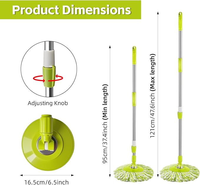 Spin Mop Replacement Handle, 47.6-inch 360 Degrees Rotating Telescopic Replacement Mop Stick with Robust Reinforced Plastic Disc for Spin Mop Bucket Cleaning System (Plastic Disc,Green)