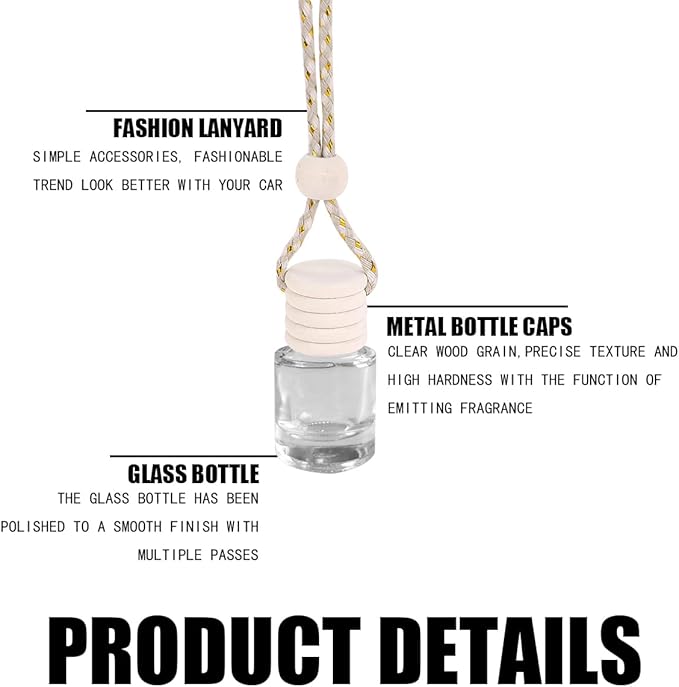 5PCS Hanging Car Air Freshener, 8 ml Oil Diffuser Perfume Aromatherapy Pendant Empty Glass Bottle, Fragrance Ornament with Vent Clip Wooden Cap and Rope, Auto Interior Decoration (Cylindric)