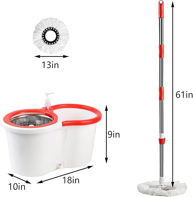 Spin Mop and Bucket with Wringer Set,for Floor Cleaning,with Floor Scrub Brush,61" Adjustable Handle and 6 Microfiber Mop Head(White)