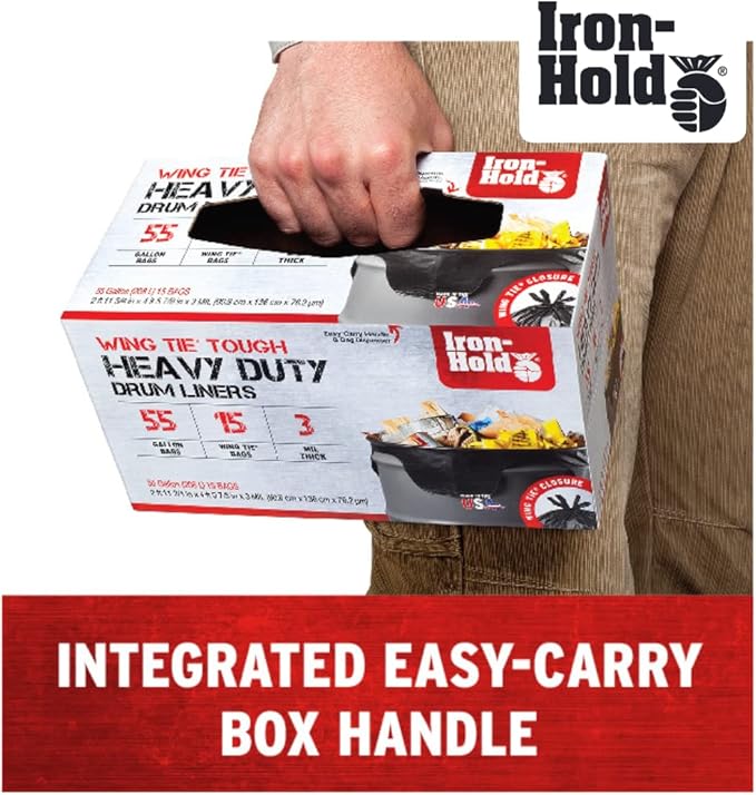Contractor Trash Bags - 55 Gallon, 15 Bags, Wing Tie Closure, 3 MIL Thick, Gusseted Bottom, Black - Heavy Duty Industrial Strength Garbage Bags