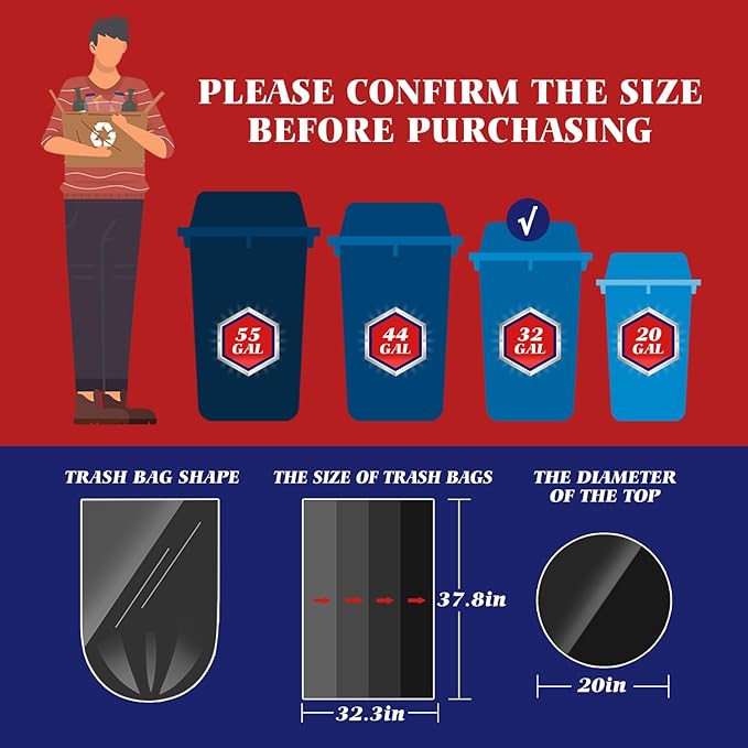 30-33 Gallon 100 Counts Large Trash Bags w/Ties Black Garbage Bags, Large Trash Can Liners for Home,Kitchen,Office,All Purpose Light Residential or Commercial Waste,Outdoor Lawn and Leaf Bags