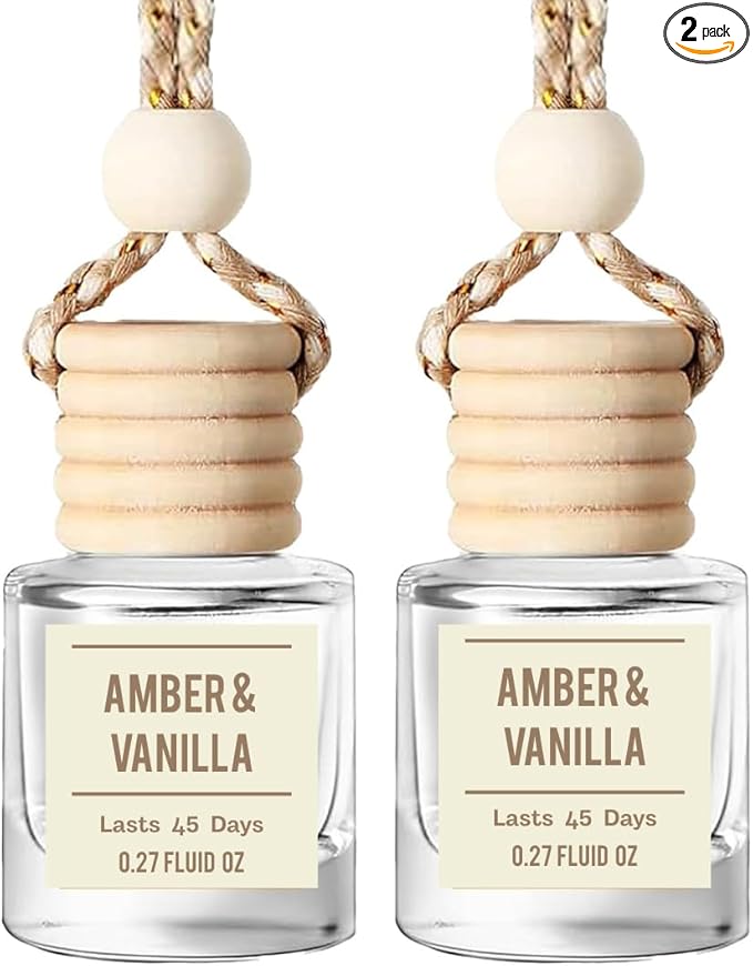 Amber & Vanilla Hanging Car Air Freshener – Long Lasting Essential Oil Diffuser for Car, Closet, Bathroom – 2-Pack Natural Scent Deodorizer