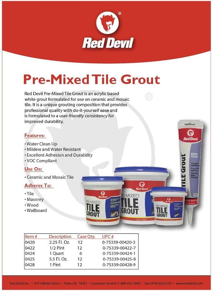 Red Devil 0425 Pre-Mixed Tile Grout - Professional Quality, Excellent Adhesion, Ideal for Wall & Floor Use - 5.5 oz, White, Made in USA