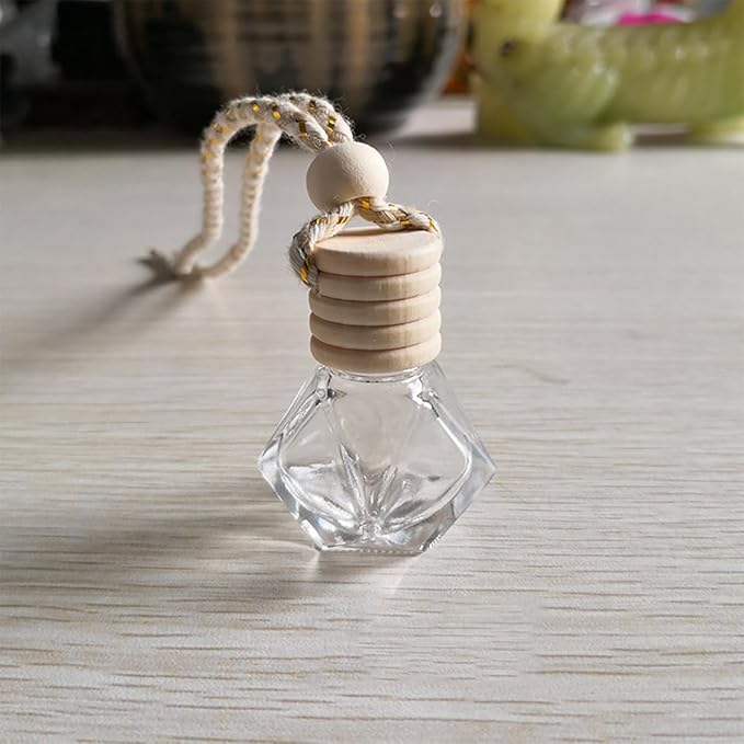 5PCS Hanging Car Air Freshener, 8 ml Oil Diffuser Perfume Aromatherapy Pendant Empty Glass Bottle, Fragrance Ornament with Vent Clip Wooden Cap and Rope, Auto Interior Decoration (Rhombic)