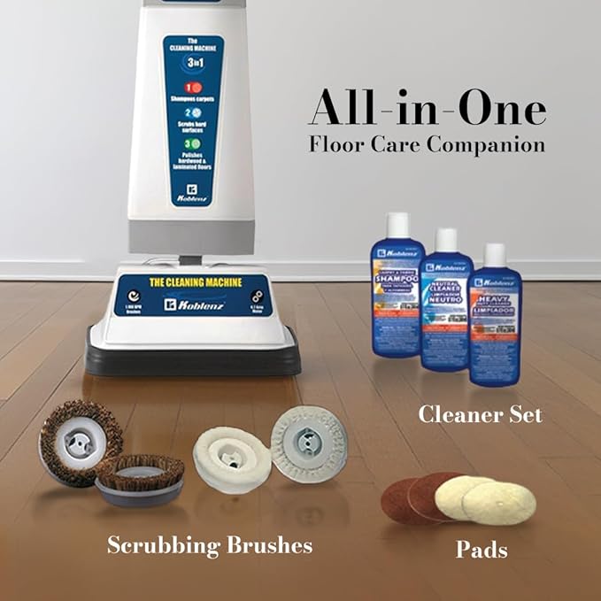 Koblenz Shampooer and Polisher Cleaning Machine, Floor Cleaner with 1100-rpm Motor, 5' Power Cord, 120-oz Tank, 2-Speed Settings, Scrubbing Brushes, Lambswool Pads, and Polishing Pads, P-820 B