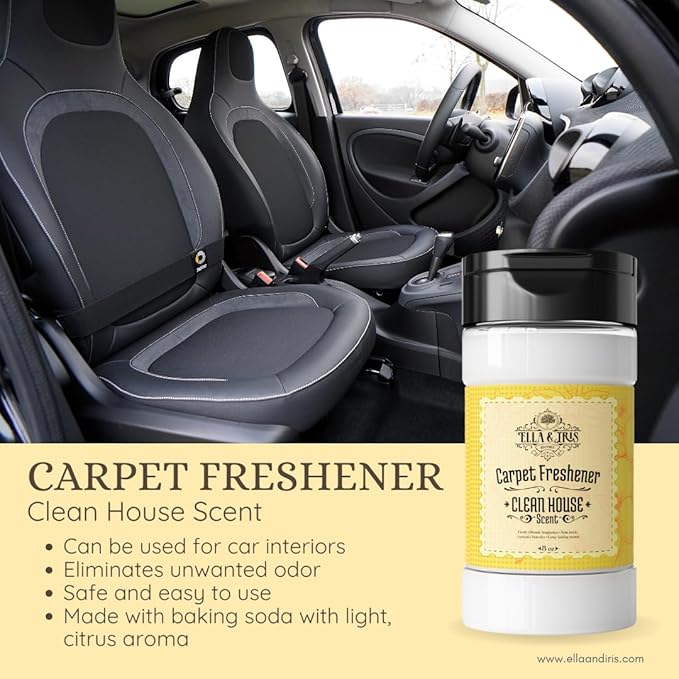 Ella & Iris Home Clean House Carpet Freshener – Citrus Carpet Deodorizer & Odor Eliminator for Carpets, Rugs, Upholstery & Car Interiors | Made with Baking Soda