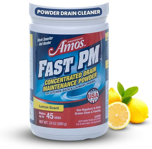 Professor Amos Fast PM Drain Maintenance Powder Concentrate Preventative Drain Cleaner Powder Garbage Disposal, Washing Machine, Dishwasher, Sink, Bathtub, Shower 24 Oz