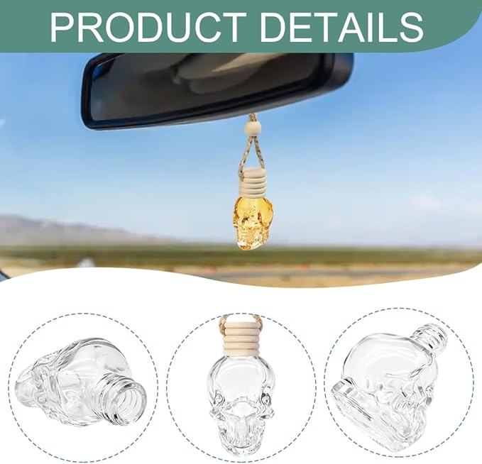 7PCS Car Hanging Diffuser, Car Air Freshener Diffuser Bottle, 8ML Empty Clear Glass Skull Style Empty Bottle, Universal Car Perfume Aromatherapy Essential Oil Pendant Bottle for Women Men