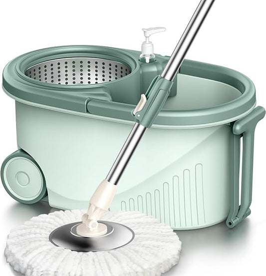 Spin Mop and Bucket Floor Cleaning Set, Microfiber 360 Spinning Mopping Cleaning Tool with 2 Mop Pads and Adjustable Handle, Hand-Free Mop Bucket with Wheels