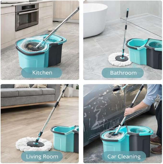 Casabella Spin Mop System with Extra Mop Head Refill - Two-Bucket Design with Splash Guard Built-in Measuring Cup and Scraper Tool with Easy Wring Pedal Spinner, 1.25-Gall (Detachable Mop)