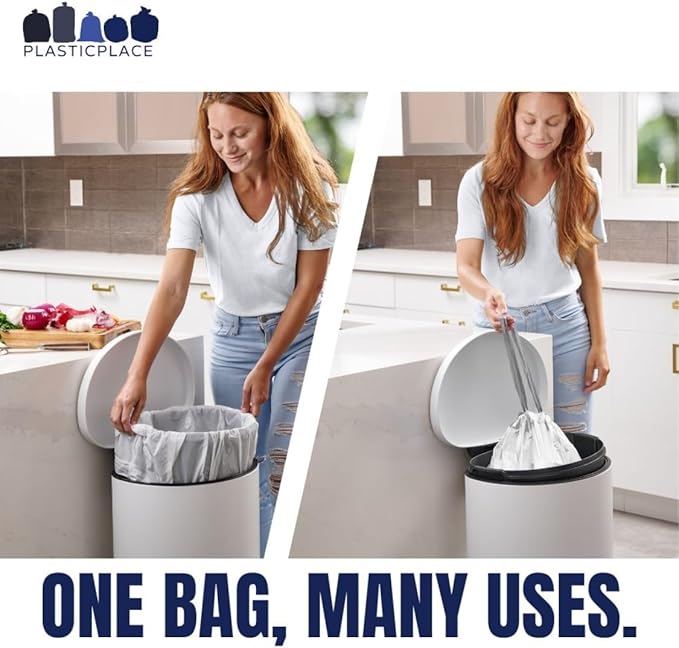 Plasticplace Drawstring Trash Bags, Compatible with simplehuman Code P, White Garbage Liners 13-16 Gallon / 50-60 Liter, 23.5" x 31.5", (200 Count)
