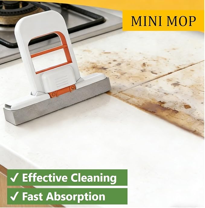 2 Pcs Mini Mop for Small Spaces, Foldable Self-Squeeze Wet and Dry Sponge Mop, Black Portable Cleaning Small Mop for Desktop, Kitchen Counter, Bathroom Tile, Glass-with 6 Pads ,2 Brushes, and 2Hooks