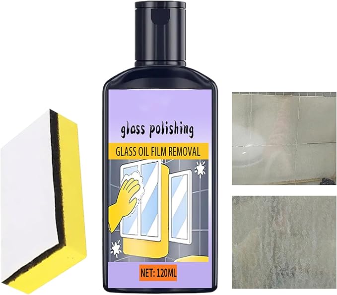 Shower Glass Cleaner - 120ml Window Oil Film, Cleaner with Sponge, Household ing, Toilet Tub Washbasin, Bathroom Kitchen Shower, Tile Mirror Cleaning, Home Window Care