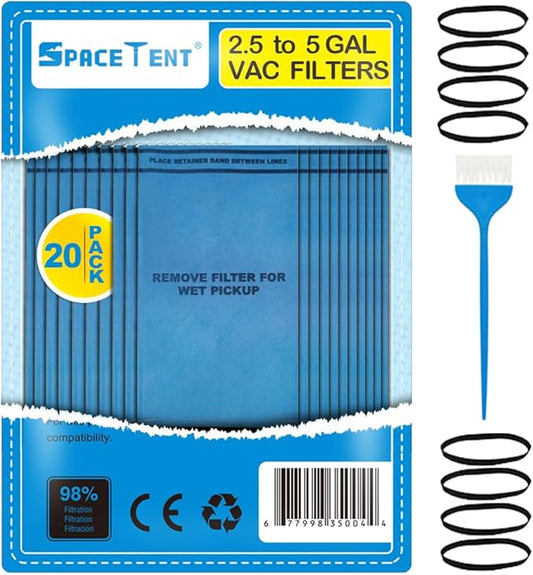 SpaceTent 20 Pack WS01025F2 Filter Bags compatible with WORKSHOP Select 2-1/2-Gallon To 5-Gallon Vacs, Armor All AA255 Vac, Select Husky Stinger and Bucket Head Wet Dry Vacs, Part# VF2000