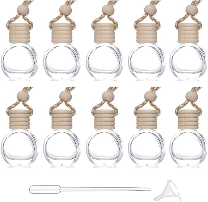 Car Aromatherapy Essential Oil Diffuser Bottle,10 Pack Car Air Freshener Bottle Empty Hanging Perfume Bottle Fragrance Decor Accessories Auto Window Ornament (round)