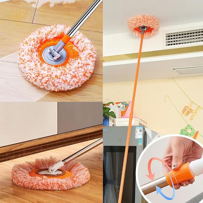 360° Rotatable Adjustable Cleaning Mop, 2026 Upgrade Wall Cleaner Mops with Long Handle, Extendable Wall Washer for Floor, Windows, Ceilings and Baseboards Cleaning Tool (Orange, 2 Mop Heads)