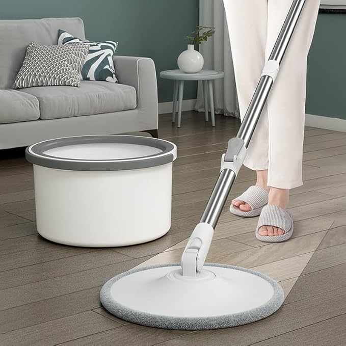 Spin Mop and Bucket Set with 2 microfibra Replaceable Mop Pads Self Separation Dirty and Clean Water System with Self Wringing 360° Rotating Mop-Head for Hardwood Tile Marble Floors (Round)