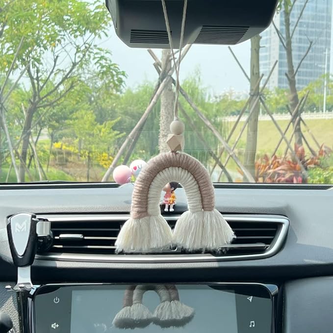 Macrame Rainbow Charm Boho Felt Ball Wood Bead Essential Oils Diffuser Interior Decor Handmade Car Accessories Colorful Hanging Air Freshener Decor(Brown)