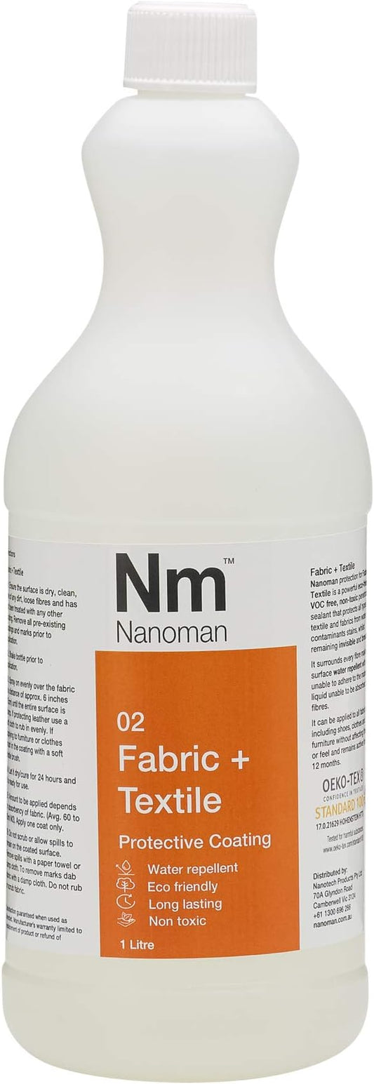 Nanoman Fabric and Textile Protective Water Repellent/Waterproof Coating Spray, Non-Toxic, 33.8 FL OZ. No PFAS or Alcohols. Stain & Liquid Protection for Couches, Sofas Clothes & Rugs.