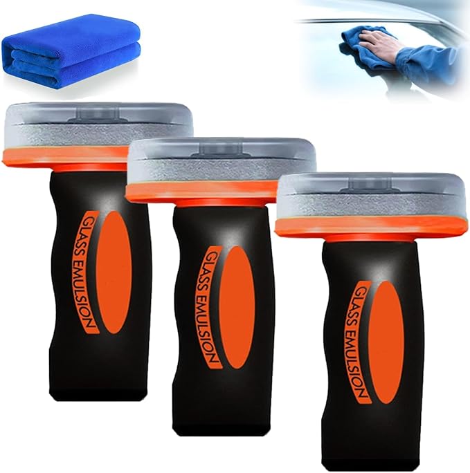 Car Handle Oil Film Cleaning Brush, Car Glass Cleaner, Windshield Oil Film Remover, Auto Glass Emulsion Cleaner, Improve Windshield Clarity, for the Interior & Exterior Auto Glass (3Pcs)