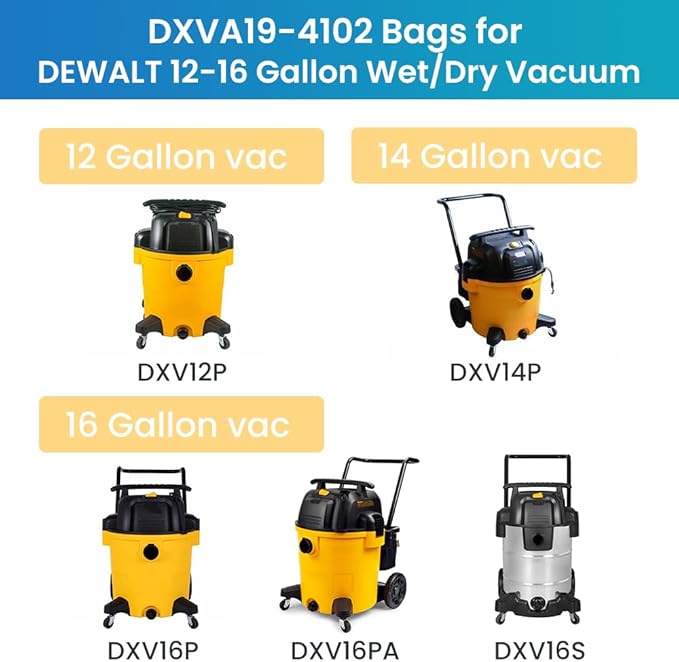 10 Pack DXVA19-4102 Shop Vac Bags for DEWALT 12-16 Gallon Wet/Dry Vacuum Compatible with DXV12P DXV14P DXV16P DXV16PA DXV16S