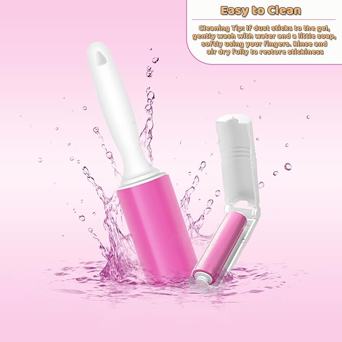 Washable Gel Lint Roller 3 Pack, Reusable Sticky Lint Roller Portable Pet Hair Remover Cleaner for Clothes, Travel, Home, Large with Cover and Foldable Mini Remover, Pink
