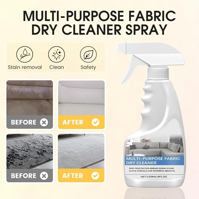 Multi-Purpose Fabric Dry Cleaner Spray, Fabric Cleaner For Furniture Upholstery Machine, Stain Remover for Furniture Upholstery & Couch, No Water No Waiting, Grease Removal for Fabrics (1Pcs)