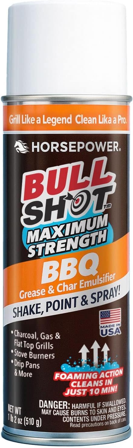 Horsepower Bull Shot BBQ MAX Pro Super-Concentrated Foaming Grill Cleaner, AS SEEN ON TV, Made in USA, Shake, Point & Spray, Emulsifies Grease & Char on Grills, Stove Burners, Drip Pans & More