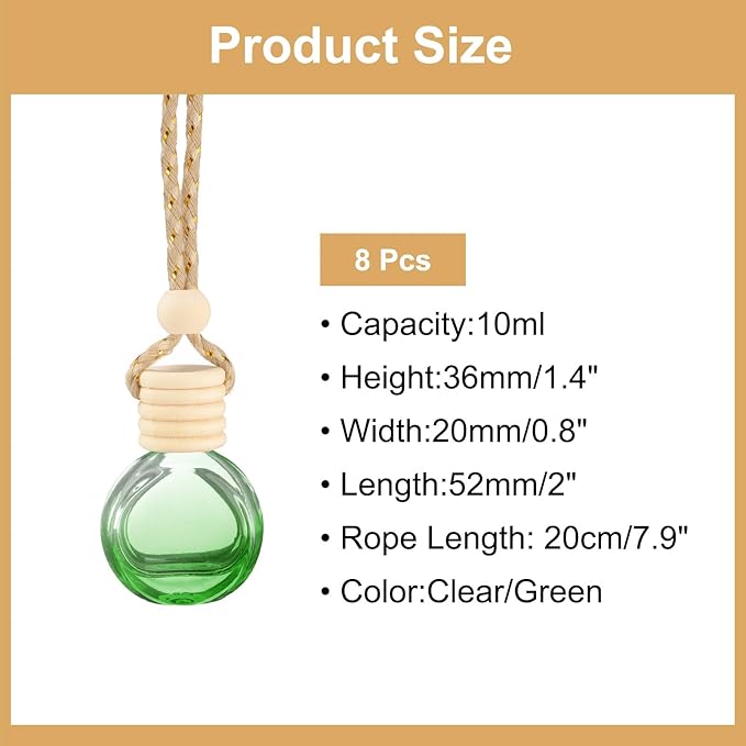 uxcell 8pcs Hanging Car Air Freshener Perfume Bottle, 10ml Pendant Empty Clear/Green Glass Essential Oil Aromatherapy Diffuser with Wooden Cap for Car Decor (Clear/Green, Round)
