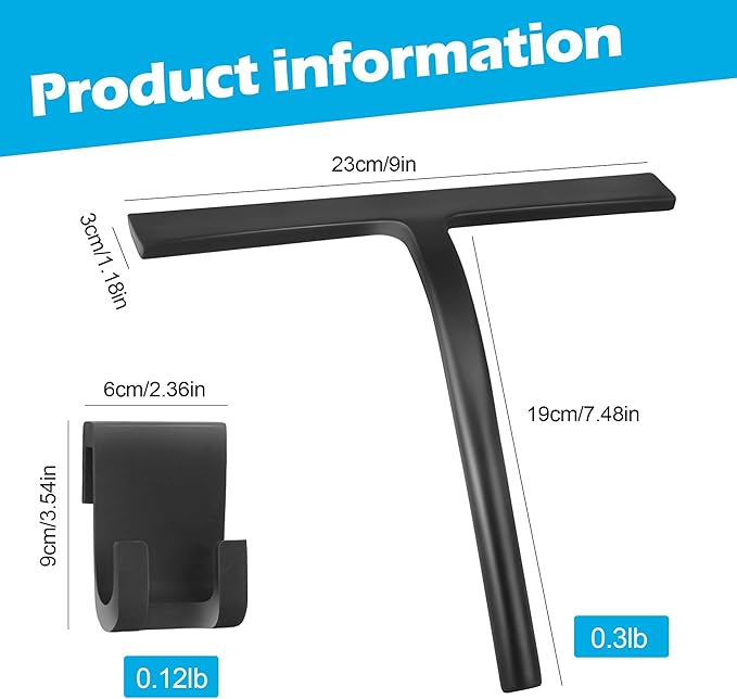 Shower Squeegee for Glass Doors, Mirror Window Tile Scrubber Cleaner with Hook Silicone (Black)