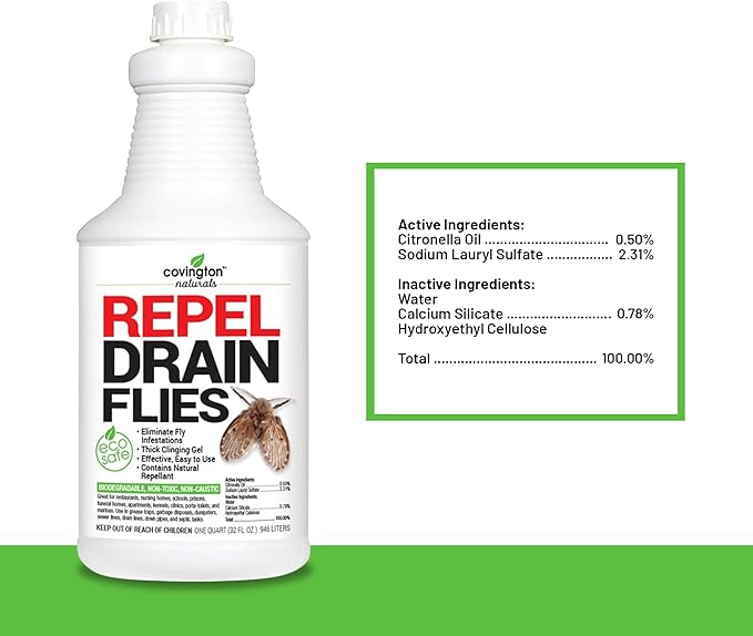 Covington Drain Fly Treatment Gel (32oz) – Drain Fly and Fruit Fly Solution for Kitchen and Bathroom Drains – Plant-Based Formula – Made in USA