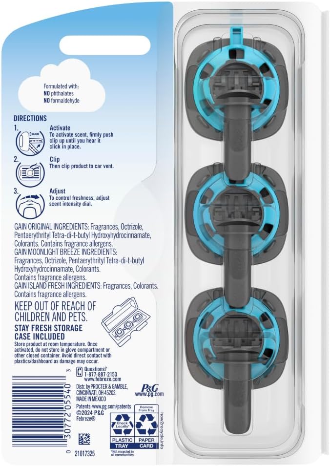 Febreze Car Air Freshener, Odor-Fighting Automotive Vent Clip, Mixed Gain Scent, 3 Count