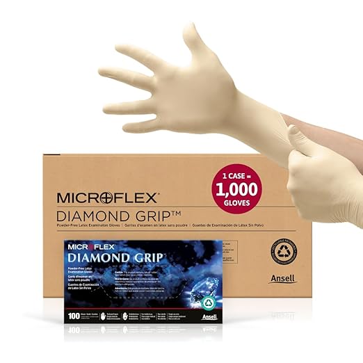 Ansell MICROFLEX Diamond Grip MF-300 Disposable Latex Gloves for Automotive, Healthcare, Machinery Industries - XS, Natural (Case of 1000)