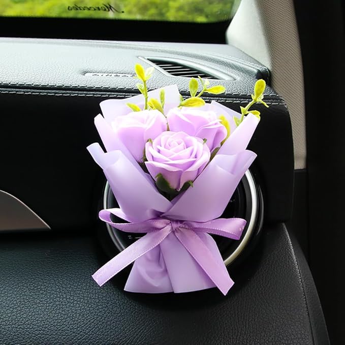 Mini Car Vent Clip Air Freshener, Aesthetic Floral Soap Rose Bouquet Diffuser Decor, Reusable Essential Oil Aroma Pad, Cute Car Accessories Gift for Women (Style J)