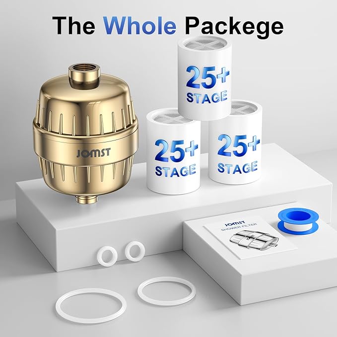 SHOWER FILTER PACKAGE - ANTI CHLORINE SPECIALTY ! - 25+ Stage - 3 Cores - Boosting Output - Remove 99.99% Impurities AND 97.45% Chlorine - Improving Skin, Hair and Nails's Condition - Gold