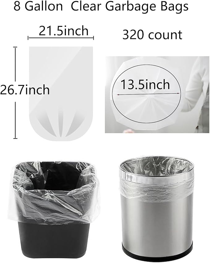 320 Count 8 Gallon Trash Bags Clear Medium Garbage Bags Strong, Leakage-Free,Unscented 30 Liter Thick for Bathroom, Office, Kitchen Waste Basket Trash Can (Clear, 8 Gallon-320 Count)