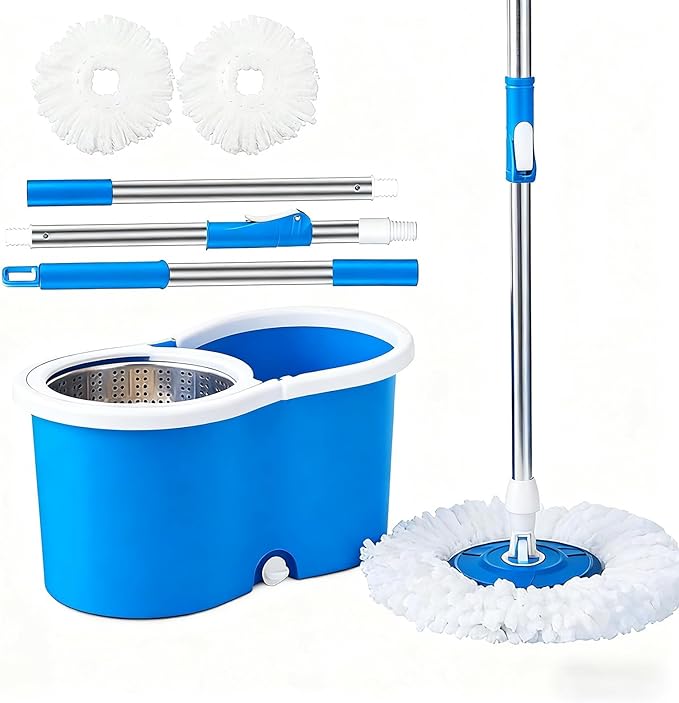 Spin Mop and Bucket with Wringer Set, Easy Labor-Saving, 360 Spinning Mop with 2 Microfiber Replacement Heads, 47in Stainless Steel Handle, for Floor Cleaning Home Office(Blue)