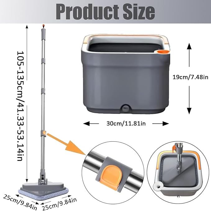 Spin Mop and Bucket Set with Self Separation Dirty and Clean Water System, Self Wringing 360° Rotating Square Mop-Head for Hardwood Tile Marble Floors(Mop Set and 1 Pads)