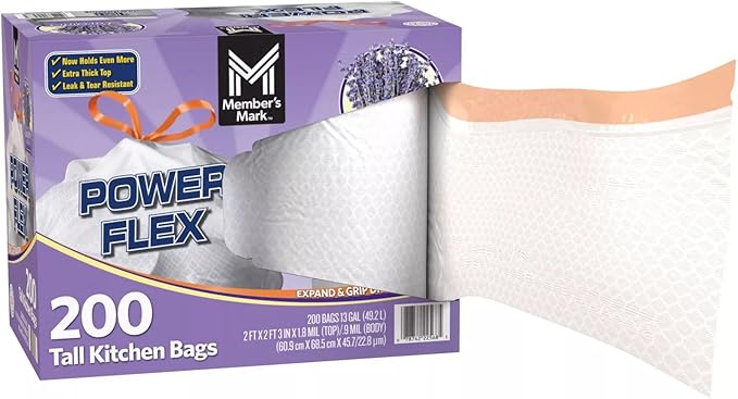 Member's Mark Power Flex Tall Kitchen Drawstring Trash Bags (13 Gallon, 2 Rolls of 100 ct., 200 count total)