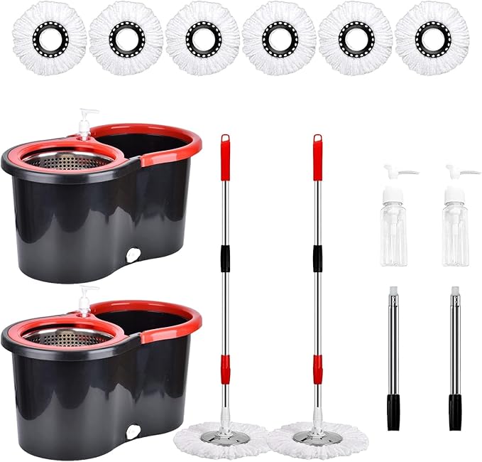 2 Mop and Bucket Set,Spin Mop and Bucket with Wringer,for Floor Cleaning,with Adjustable Stainless Steel Handle,soap Dispenser and 6 Microfiber Mop Heads (Black)