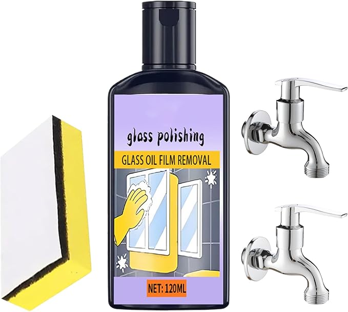 Shower Glass Cleaner - 120ml Window Oil Film, Cleaner with Sponge, Household ing, Toilet Tub Washbasin, Bathroom Kitchen Shower, Tile Mirror Cleaning, Home Window Care