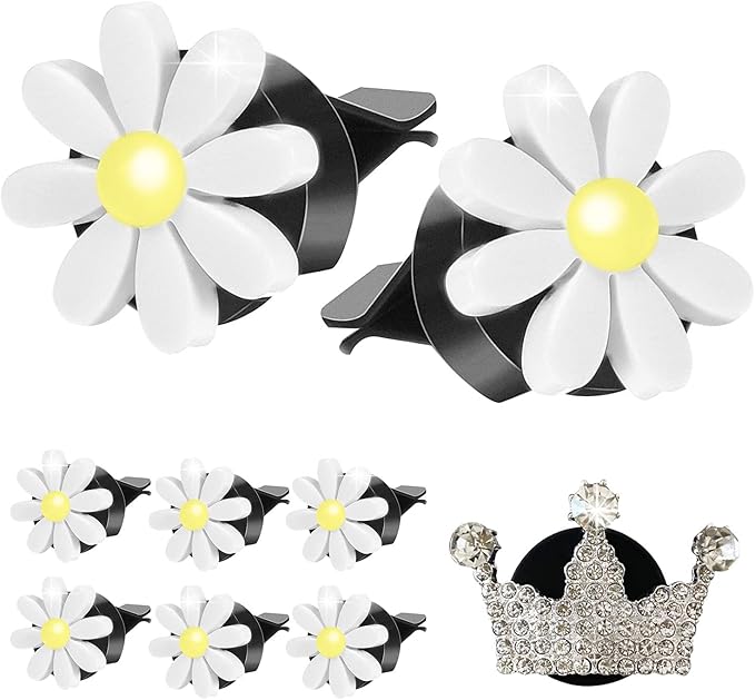 Daisy 8-Piece Car Accessory Set - Air Vent Clips, Cute Air Fresheners, Dashboard Clip, Car Diffuser Vent Clip & Mask Hook (White)
